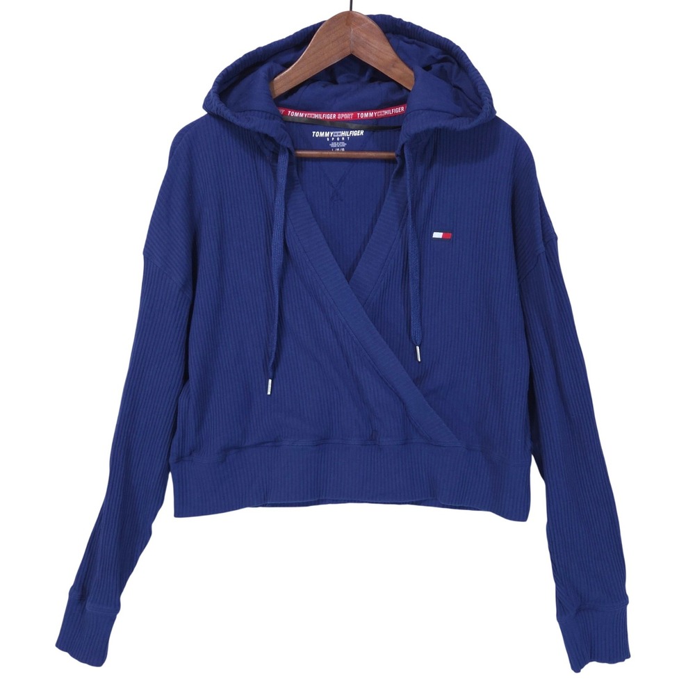 Tommy Hilfiger Ribbed Wrap Front Cropped Hoodie Women L Blue Athleisure Layering